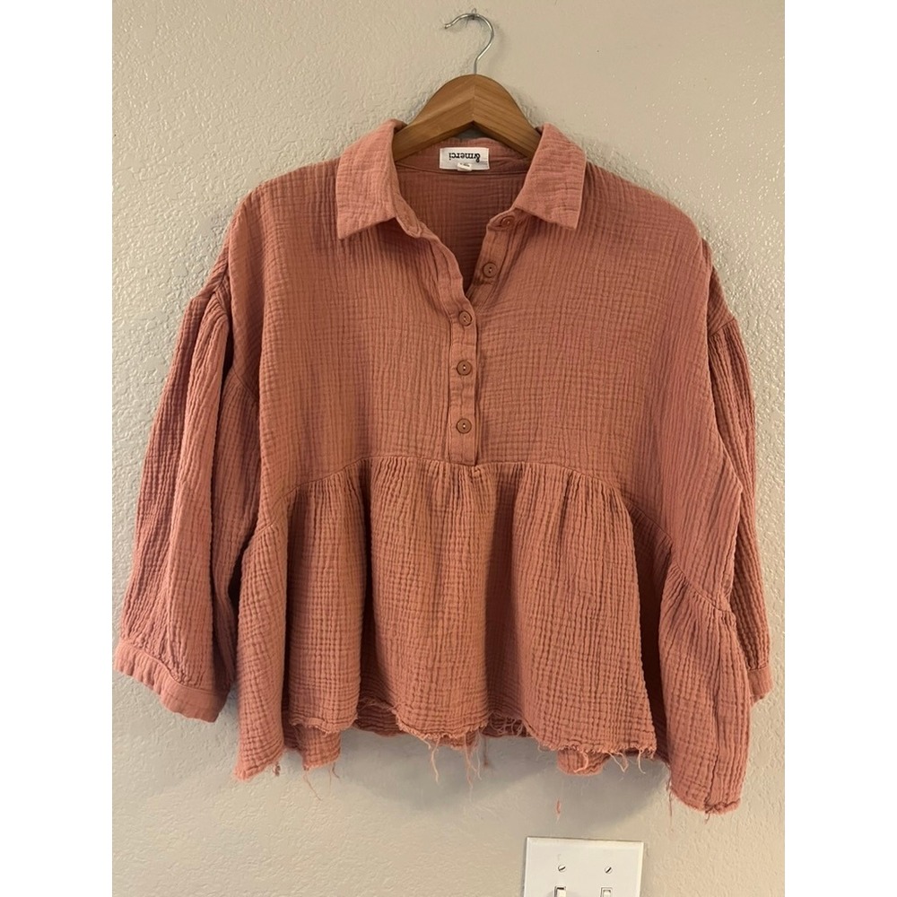 &Merci Womens Cotton Gauze Babydoll Top Terracotta Pink Frayed Hem Large